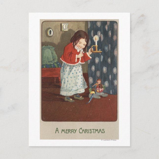 Cartão Postal De Festividades A Merry ChristmasGirl Holding a Candlestick (Frente)