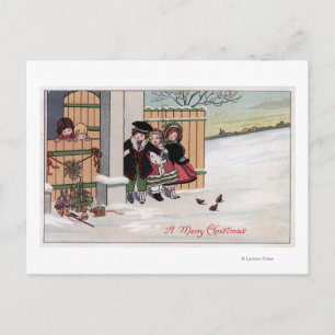 Cartão Postal De Festividades A Merry ChristmasKids by Fence