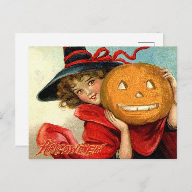 Cartão Postal De Festividades abóbora-bruxa-bruxa-do-Halloween (Frente/Verso)