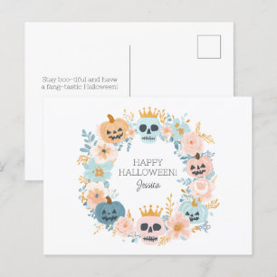 Cartão Postal De Festividades Abóbora de crânio de Halloween personalizada flora