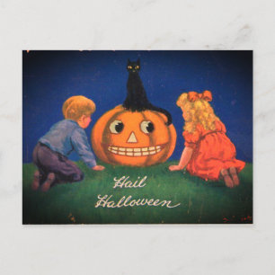 Cartão Postal De Festividades Abóbora de Halloween e Vintage Gato Negro