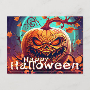 Cartão Postal De Festividades Abóbora Laranja Assustadora com Rosto, Halloween
