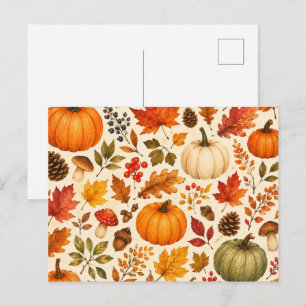 Cartão Postal De Festividades Abóboras de Aquarela de Outono, Folhas de Outono e