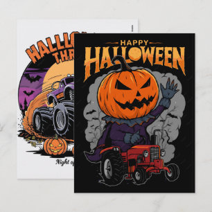 Cartão Postal De Festividades Abóboras Dirigindo um Trator de Milho Feliz Hallow