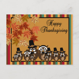 Cartão Postal De Festividades Ação de Graças da Família Owl Pilgrim