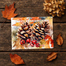 Cartão Postal De Festividades Ação de Graças Família Pinhão Aquarela Rústica