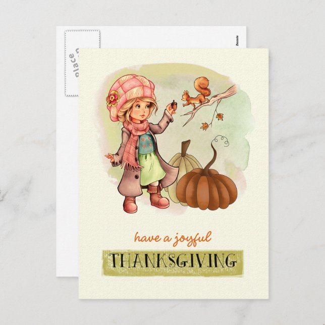 Cartão Postal De Festividades Ação de Graças Personalizada para Menina e Esquilo (Frente/Verso)