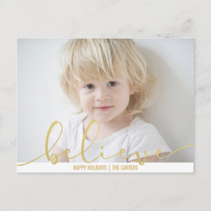 Cartão Postal De Festividades Acredite em HOLIDAY FAUX - Letra de Mão DOURADA FO