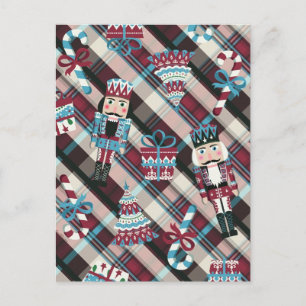 Cartão Postal De Festividades Acrililado de Natal Plaid Azul Burgundy