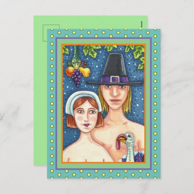 CARTÃO POSTAL DE FESTIVIDADES ADAM & EVE PILGRIMS, BIBLICAL WHIMSY AGRADECIMENTO (Frente/Verso)