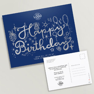 Cartão Postal De Festividades Adicione o logotipo Doodle Prata Feliz Aniversário