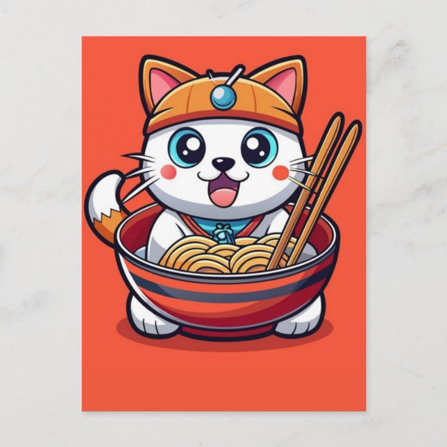 Cartão Postal De Festividades Adorable Cat Enjoying Savory Ramen Noodles Feast (Frente)