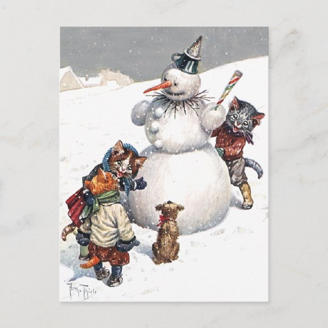 Cartão Postal De Festividades Adorable Cats Building a Snowman (Frente)