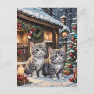 Cartão Postal De Festividades Adoráveis Kittens de Natal e Árvore de Natal
