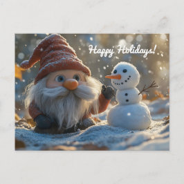 Cartão Postal De Festividades Adorável Gnome e Snowman numa Terra de inverno