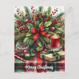 Cartão Postal De Festividades Adornos de Natal Pinhas e Laço Vermelho