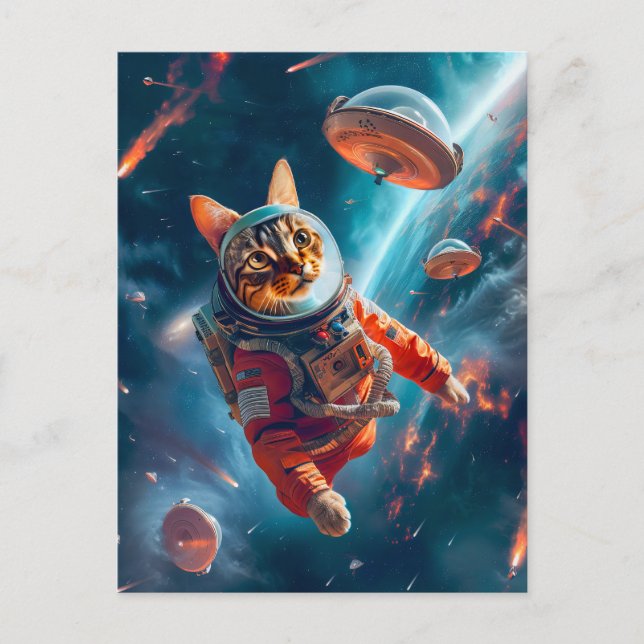 Cartão Postal De Festividades Adventurous Space Cat Floating Gracefully Beyond E (Frente)