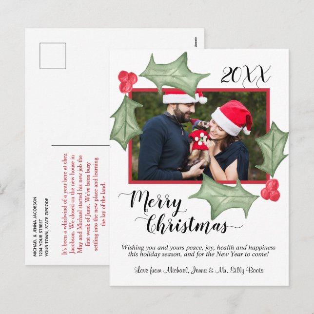 Cartão Postal De Festividades Água-forte de Natal Folhas de Azevinho com Foto (Frente/Verso)