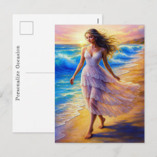 Cartão Postal De Festividades Água Oceânica Colorida Caminhada na Praia Arte em