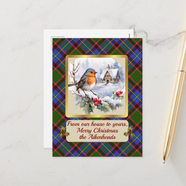 Cartão Postal De Festividades Aikenhead Crest & Tartan w/Robin Personalizado (Frente/Verso In Situ)