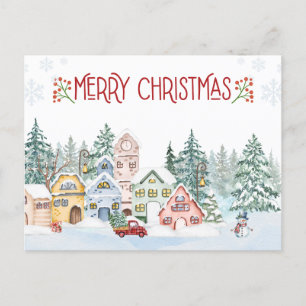 Cartão Postal De Festividades Aldeia de inverno da Merry Christmas Watercolor