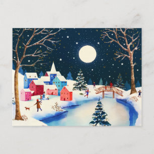 Cartão Postal De Festividades Aldeia de neve azul festiva de inverno