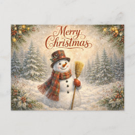 Cartão Postal De Festividades Alegre Boneco de Neve Rústico Feliz Natal 