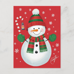 Cartão Postal De Festividades Alegre Boneco de Neve Xadrez Cachecol Vermelho Nat