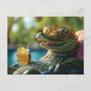 Cartão Postal De Festividades Alligator desfrutando de um coquetel ao lado do po