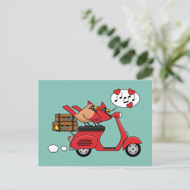 Cartão Postal De Festividades Amantes de Cardinal Vermelho no Patinete (Em pé/Frente)