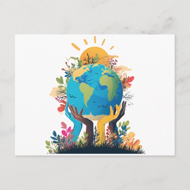 Cartão Postal De Festividades Ambiente - Ilustração da Terra com Mão e Sol (Frente)