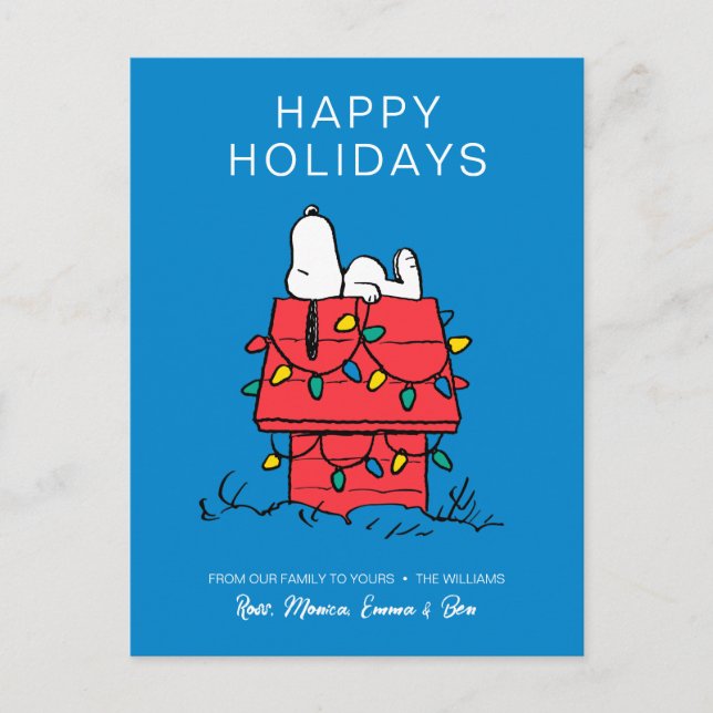 Cartão Postal De Festividades Amendoins | Casa do Snoopy com Luzes (Frente)