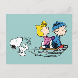 Cartão Postal De Festividades Amendoins Snoopy, Sally & Linus Sled Riding
