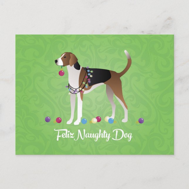 Cartão Postal De Festividades American Foxhound Feliz Naughty Dog Christmas (Frente)