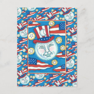 CARTÃO POSTAL DE FESTIVIDADES AMERICANA FOLK ART PATRIOTIC MAN IN THE MOON