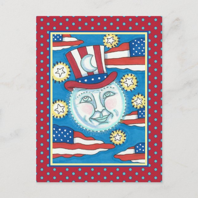 CARTÃO POSTAL DE FESTIVIDADES AMERICANA PATRIÓTICO DE ARTE FOLK NA LUA (Frente)