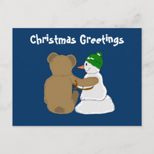 Cartão Postal De Festividades Amigos Homem de Neve e Urso