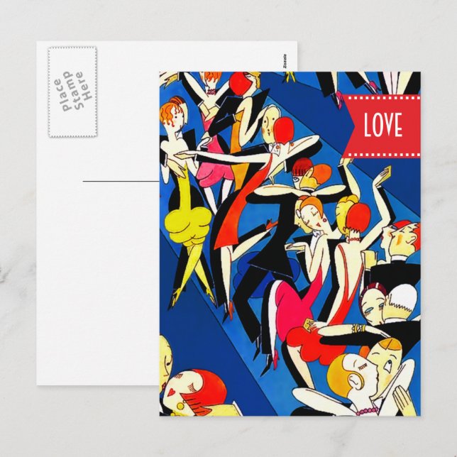Cartão Postal De Festividades Amor. Dia dos Namorados. Dançando Casais Art Deco (Frente/Verso)