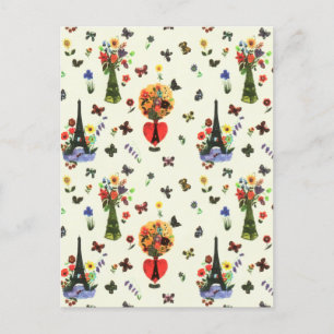 Cartão Postal De Festividades Amor Vintage Floral Paris Torre Eiffel Borboleta