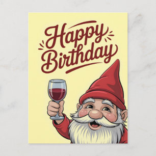 Cartão Postal De Festividades Anão brindando com vinho "Feliz Aniversário"
