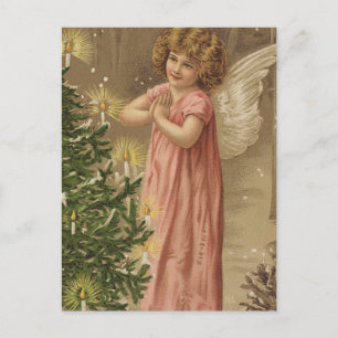 Cartão Postal De Festividades Ângulo De Jardim Rosa Pequeno Na Árvore De Natal