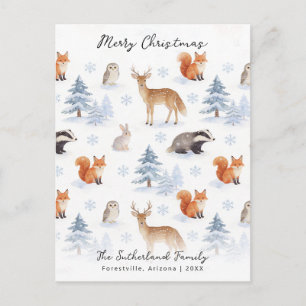 Cartão Postal De Festividades Animais da Floresta de Inverno Natal Vida Selvagem