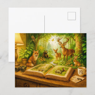 Cartão Postal De Festividades Animais da floresta surgindo de um livro aberto