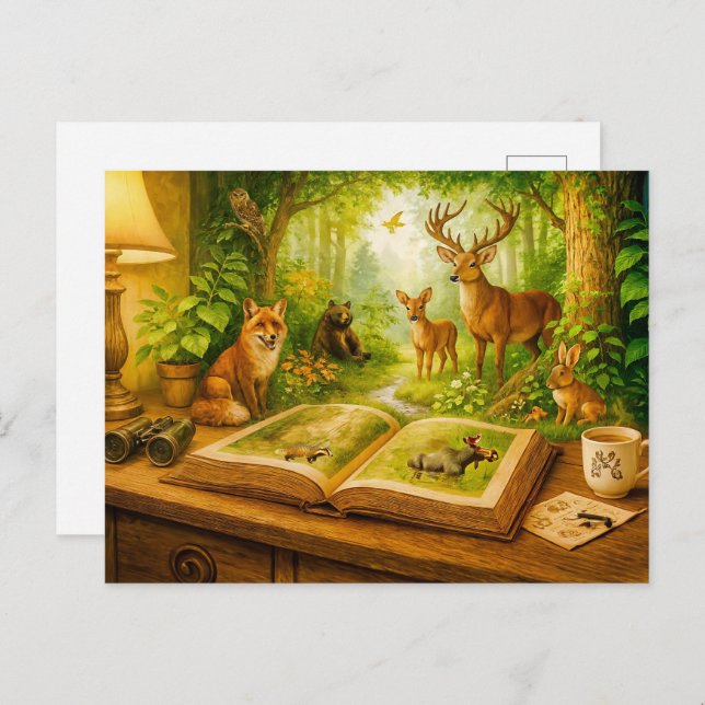 Cartão Postal De Festividades Animais da floresta surgindo de um livro aberto (Frente/Verso)