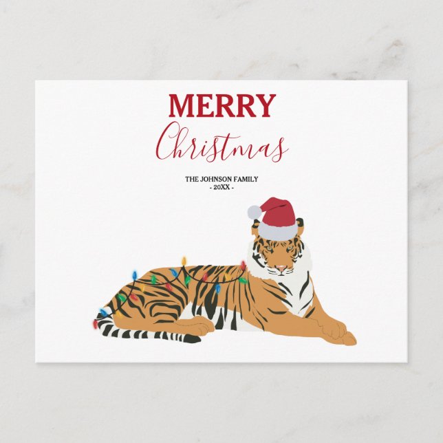 Cartão Postal De Festividades Animais Engraçados de Natal Tiger com Cartão de Pa (Frente)