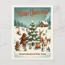 Cartão Postal De Festividades Animais Fofos Celebrando o Natal na Neve