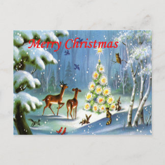 Cartão Postal De Festividades Animais natais vintages no cartão de Posto Woods