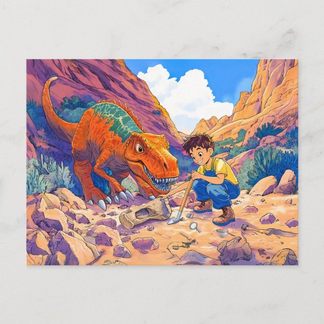 Cartão Postal De Festividades Anime boy com T-Rex na caça fóssil (Frente)