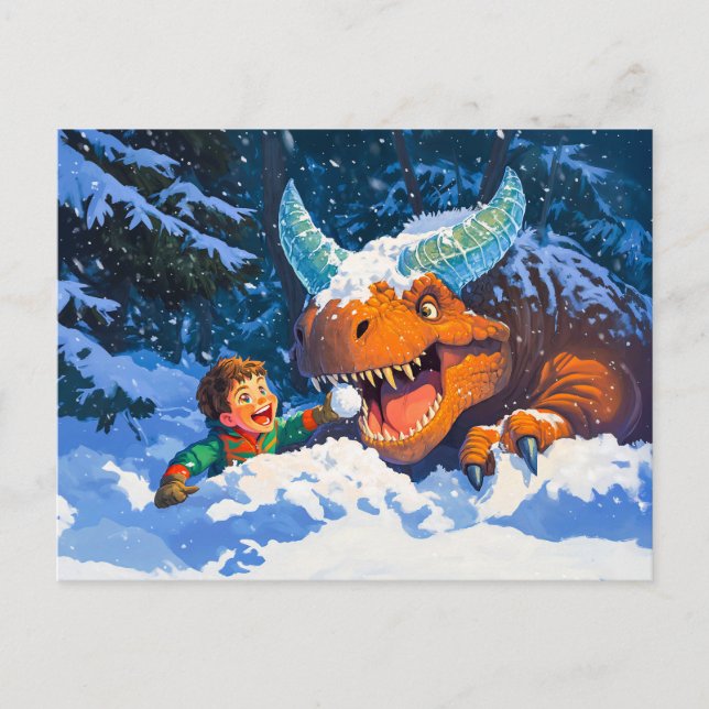 Cartão Postal De Festividades Anime tocando dia de neve de dinossauro (Frente)