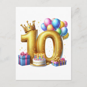 Cartão Postal De Festividades Aniversário de 10 anos dourado
